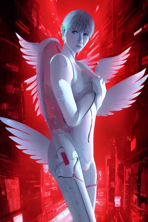 Prompt: white arc-angel with mystic robotic wings, blade runner, akira with red hair, ghost in the shell, 2077, ultra detailed, digital art, 8k ,character ,realistic, portrait, hyperrealistic