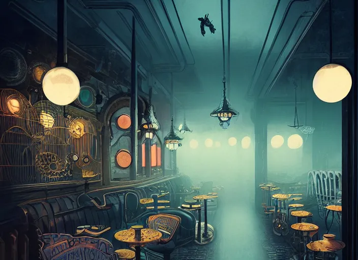 Image similar to illustrated steampunk cafe interior, colorful, mads berg, karolis strautniekas, christopher balaskas, stippled light, low fog, moody, fine texture, editorial illustration, dramatic lighting, dynamic composition, detailed, matte print, muted color, ( ( victo ngai ) ), wide angle