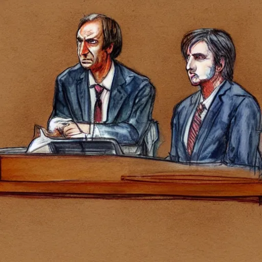 Image similar to saul goodman on trial in courtroom, courtroom sketch, ink and watercolor, judge, courtroom, concept art, deep illustration, cinematic lighting, perfect composition,