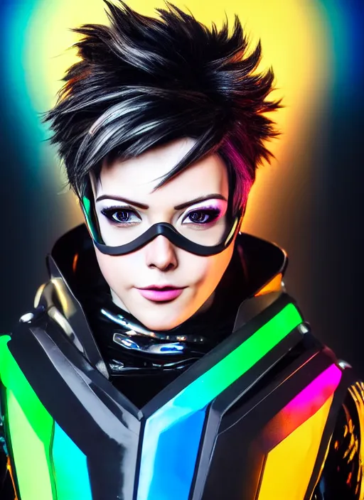 Image similar to hyperrealistic style portrait of tracer overwatch, confident pose, wearing black iridescent rainbow latex, rainbow, neon, 4 k, expressive happy smug expression, makeup, in style of mark arian, wearing detailed black leather collar, wearing sleek armor, black leather harness, expressive detailed face and eyes,