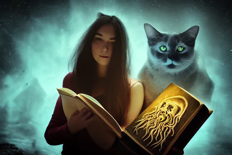 Image similar to romantic photo of bright girl, her cat and her book of necronomicon, symmetrical, cinematic, real dlsr photography, sharp focus, 4 k, ultra hd, sense of awe, sinister demonic atmosphere, dreadful, forbidden knowledge, old gods, cthulhu, yog - sothoth! yah, yah, yah! cultist journal cover