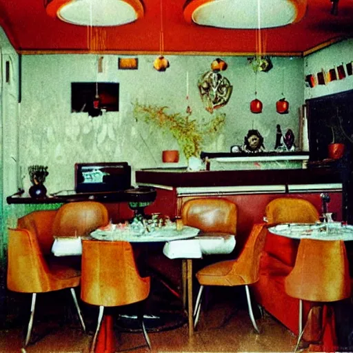 Prompt: late 70s eastern european haunted diner, interior design magazine photo