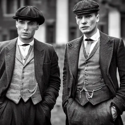 Image similar to a scene from peaky blinders, medium long shot, 3 / 4 shot, full body picture of cillian murphy and tom hardy, sharp eyes, serious expressions, detailed and symmetric faces, black and white, epic photo by talented photographer ansel adams