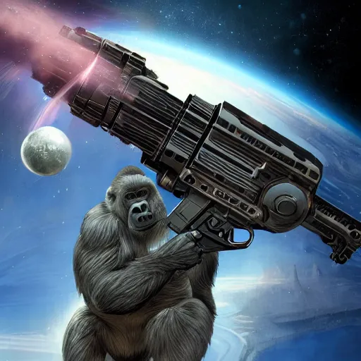 Image similar to detailed science - fiction character portrait of a silverback gorilla shooting a alien gun in space, intricate, wild, highly detailed, digital painting, artstation, concept art, smooth, sharp focus, illustration, art by artgerm and greg rutkowski and alphonse mucha