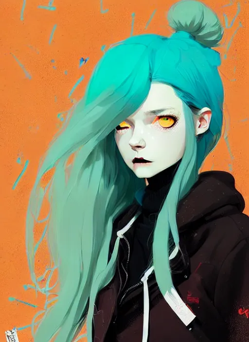 Image similar to highly detailed portrait of a urban punk lady student, blue eyes, hoodie, white hair by atey ghailan, by greg rutkowski, by greg tocchini, by james gilleard, by joe fenton, by kaethe butcher, gradient green, black, brown and teal color scheme, grunge aesthetic!!! ( ( graffiti tag wall background ) )