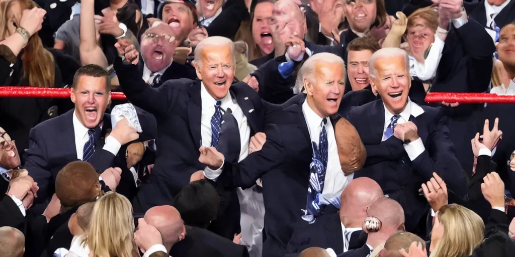 Image similar to joe biden hit with chair at wrestlemania, detailed facial expressions, hyper detailed