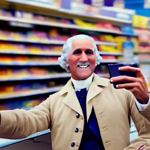 Image similar to professional color photo of George Washington taking a selfie in Walmart, 4k