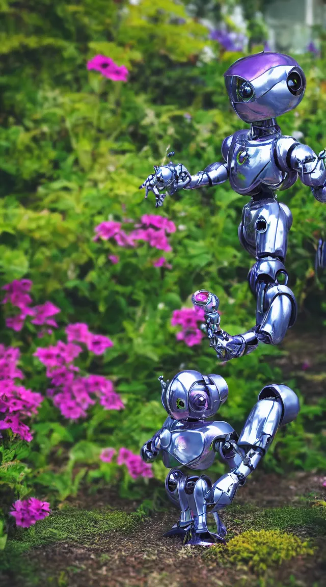 Image similar to toy robot in a garden, hyper detailed, sharp focus, bokeh, unreal engine, ray tracing, cute, fantasy, sci fi, purple flowers, tiny, small, hyper realistic