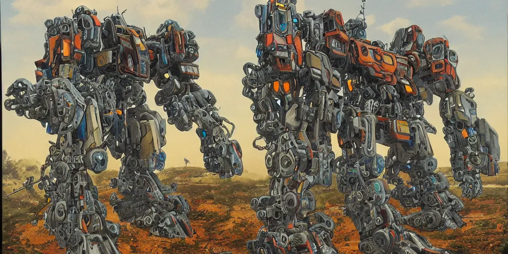 Image similar to Highly detailed painting of a large battle mech equipped with many chainsaws by moebius