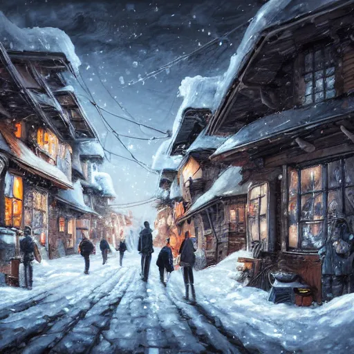 Image similar to a group of friends in a snowy village, dynamic composition, motion, ultra-detailed, incredibly detailed, a lot of details, amazing fine details and brush strokes, colorful and grayish palette, smooth, HD semirealistic anime CG concept art digital painting, watercolor oil painting of Clean and detailed post-cyberpunk sci-fi, relaxing, calm and mysterious vibes,, by a Chinese artist at ArtStation, by Huang Guangjian, Fenghua Zhong, Ruan Jia, Xin Jin and Wei Chang. Realistic artwork of a Chinese videogame, gradients.,set in half-life 2, dynamic composition, beautiful with eerie vibes, very inspirational, very stylish, with gradients, surrealistic, dystopia, postapocalyptic vibes, depth of field, mist, rich cinematic atmosphere, perfect digital art, mystical journey in strange world