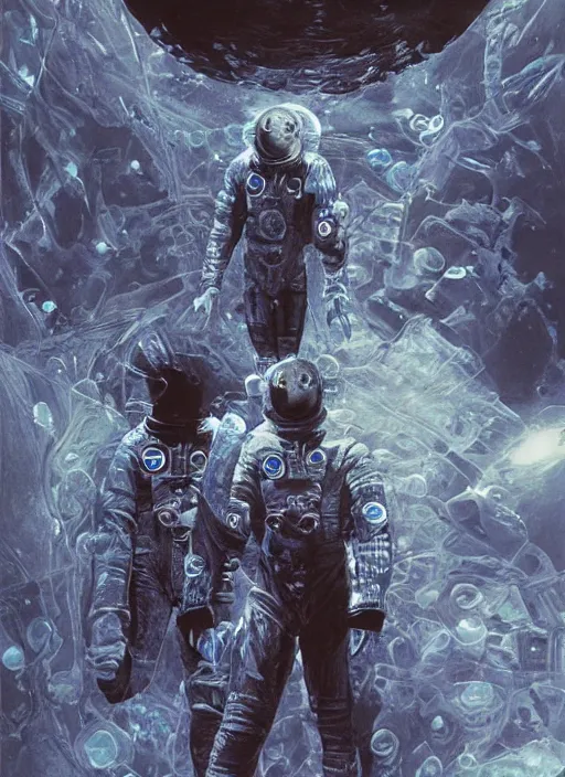 Image similar to astronauts in dark and empty void underwater - complex and hyperdetailed technical suit. reflection and dispersion materials. rays and dispersion of light. volumetric light. 5 0 mm, f / 3 2. noise film photo. flash photography. ultra realistic, wide angle. poster by wayne barlowe, hajime sorayama aaron horkey, craig mullins