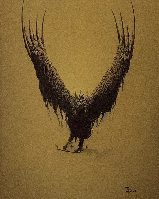 Image similar to a creature with the body and eyes of a man, with the beak of an eagle, the mane of a lion, and the horns of an ox. drawn by zdzislaw beksinski