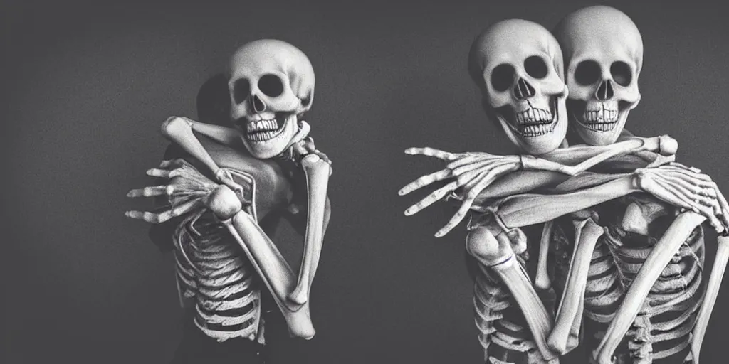 Prompt: realistic skeletons hugging each other in fear for their lives, dimly lit underground wide angle view, photorealistic amateur photograph