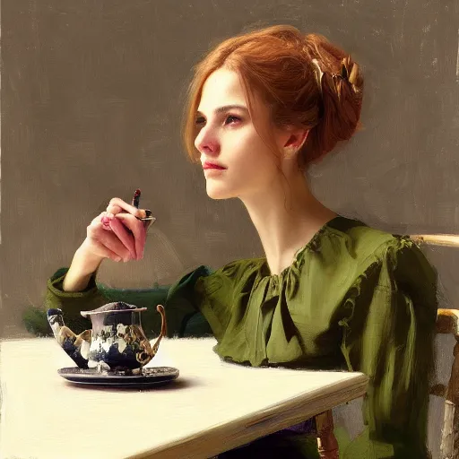 Prompt: epic painting of highly detailed female in olive blouse sitting at table with teacup in style of amy leibowitz, wlop, jeremy lipkin, beeple