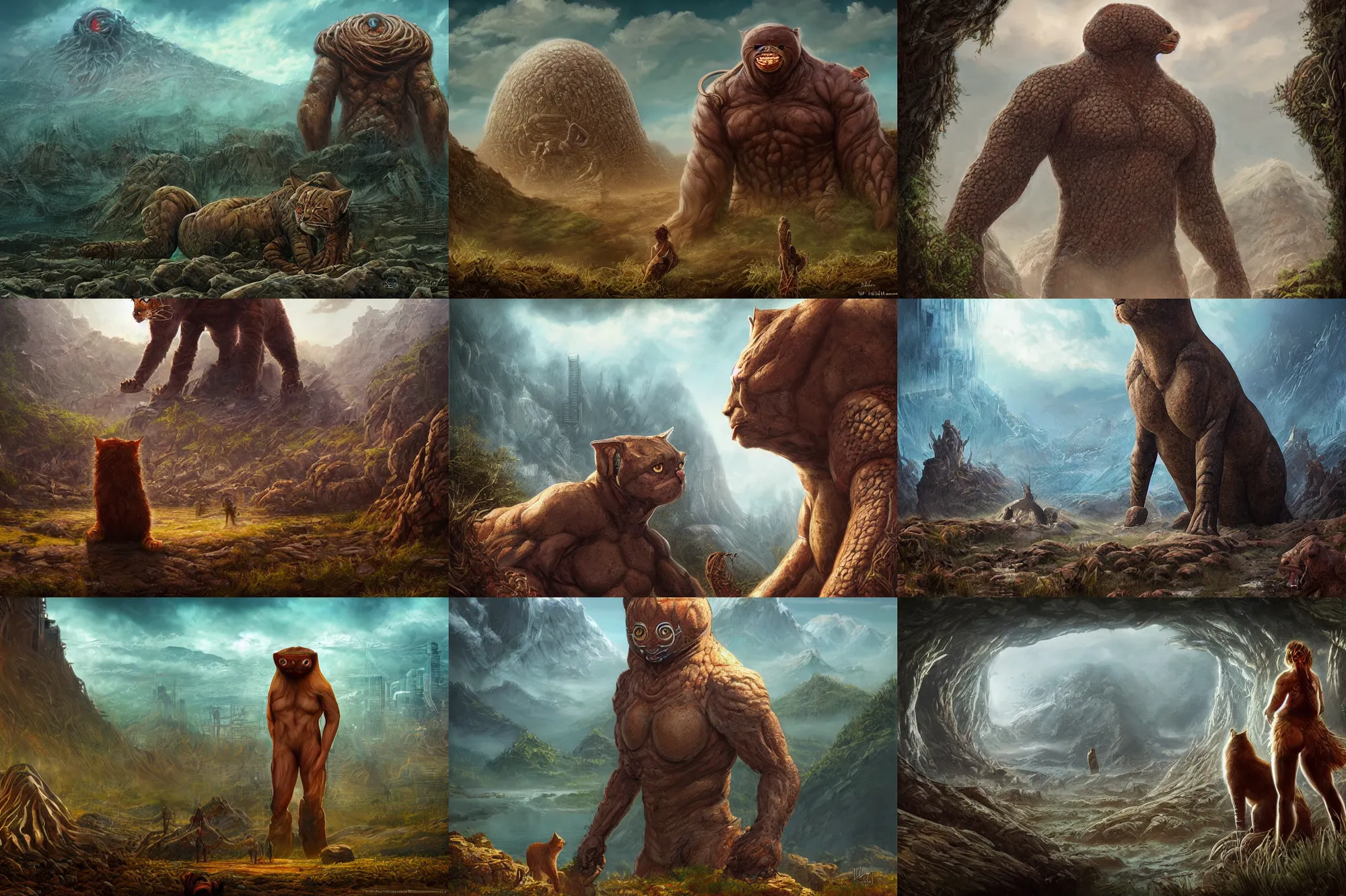 Prompt: highly detailed elden ring portrait photo of a huge humanoid feline diglett in a scenic dystopian environment. even bigger massive digletts in the background, hyperrealistic illustration by william didier - pouget
