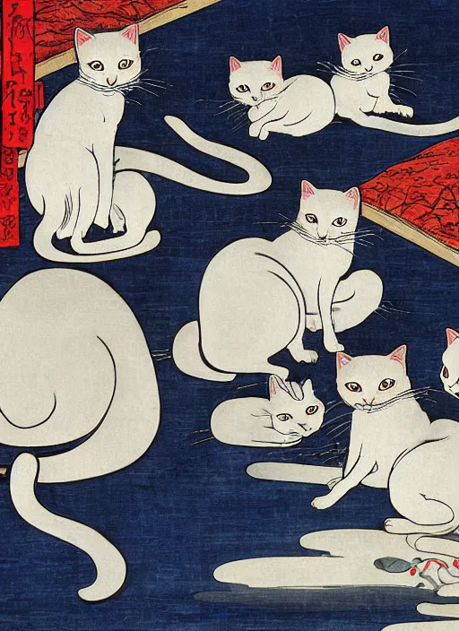 Image similar to whitecat with 2 baby white cats of utagawa hiroshige, digital painting 4 k uhd image, highly detailed