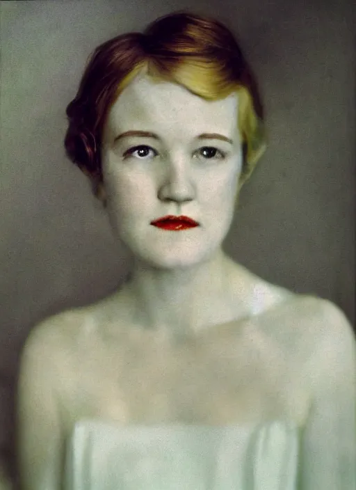 Image similar to out of focus photorealistic portrait of < zelda fitzgerald > as a beautiful young lady by sarah moon, very blurry, translucent white skin, closed eyes, foggy, closeup