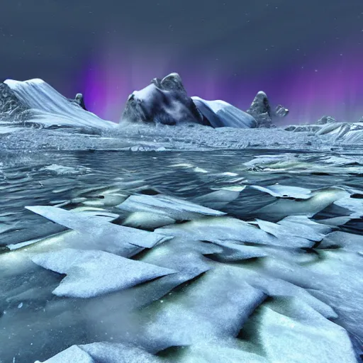 Prompt: A frozen tundra, with jagged mountains and icy rivers, where the only warmth is the aurora borealis, rendered in Unreal Engine.