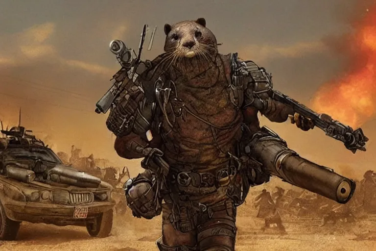 Image similar to a good ol'otter fursona ( from the furry fandom ), heavily armed and armored facing down armageddon in a dark and gritty version from the makers of mad max : fury road. witness me.