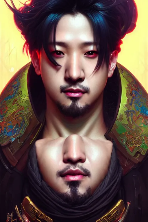 Prompt: painting of got 7 bam bam cyberpunk samurai smiling, ultra realistic, concept art, intricate details, eerie, highly detailed, photorealistic, octane render, 8 k, unreal engine. art by artgerm and greg rutkowski and magali villeneuve and alphonse mucha