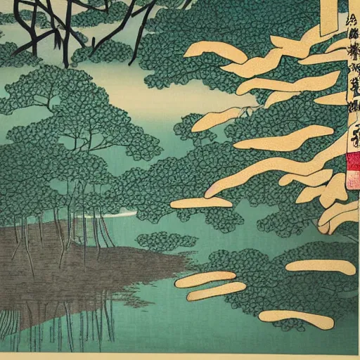 Prompt: a painting of a pond and trees in a park, a silk screen by wuzhun shifan, behance contest winner, cloisonnism, ukiyo - e, woodcut, detailed painting