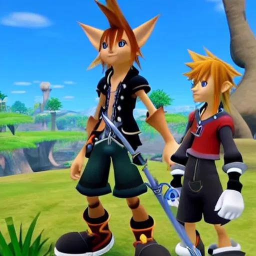 Image similar to A leaked image of a Warrior cats world in Kingdom Hearts 4, Kingdom hearts worlds, Sora donald and Goofy exploring the world of Warrior cats, action rpg Video game, Sora wielding a keyblade, Disney inspired, cartoony shaders, rtx on, Erin hunter, Warrior cats book series