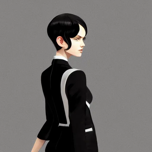 Image similar to girl in tuxedo with black chaotic wavy short haircut, elegant, 2d, ultra highly detailed, digital painting, smooth, sharp focus, artstation, art by Ilya Kuvshinov