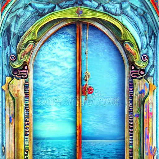 Image similar to A door in the sea, intricate details, eerie, highly detailed, colorful, clean, update