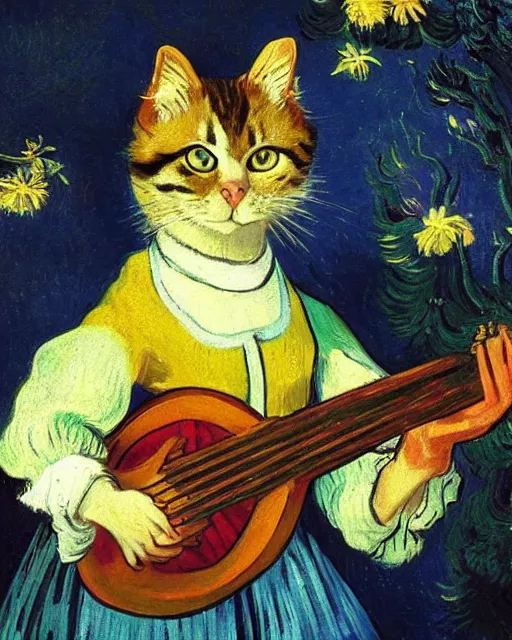 Prompt: baroque portrait of a anthropomorphic cat playing a lute, bright, garden with flowers, digital art, award winning, by van gogh