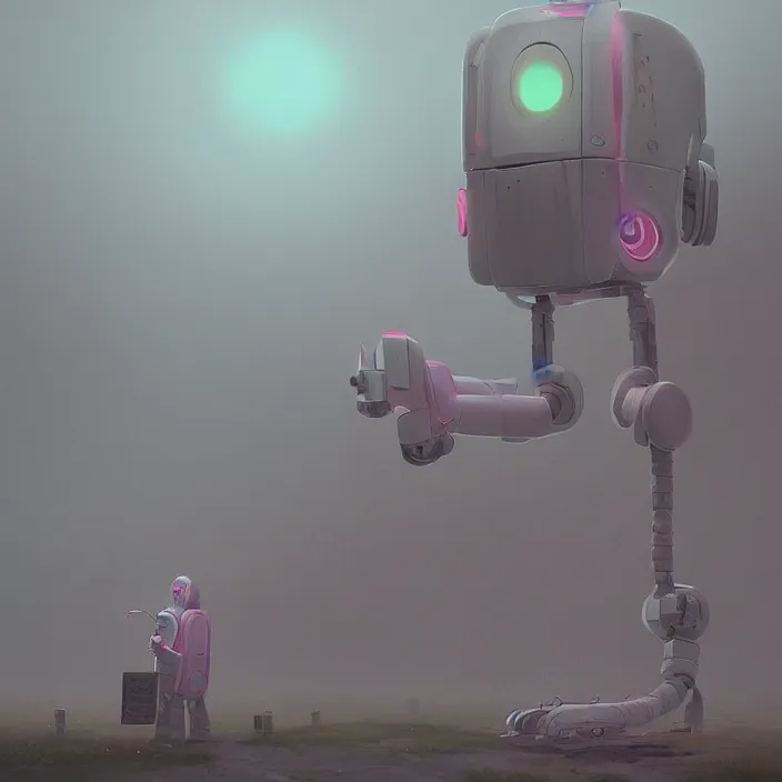 Image similar to elvish robot, foggy, extremely detailed, sharp focus, pastel colors, intricate, realistic, smooth, volumetric lighting, digital painting, by simon stalenhag