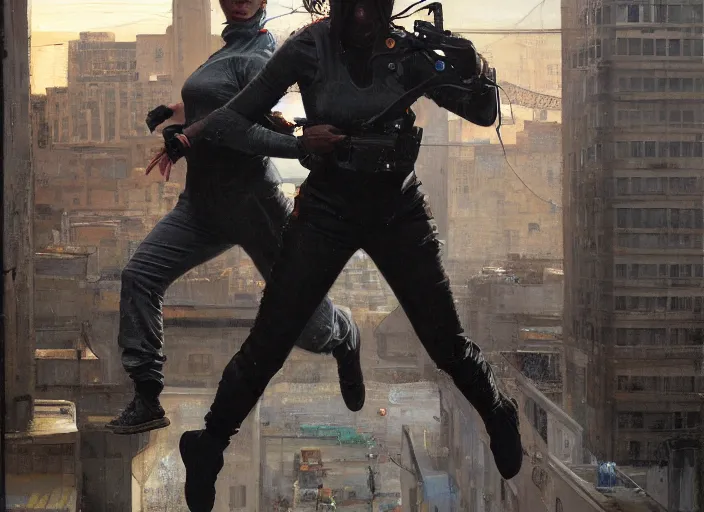 Image similar to Maria igwe evades sgt Nash. Cyberpunk hacker in orange jumpsuit escaping menacing police troopers (blade runner 2049). beautiful face. Rooftop free running. Orientalist portrait by john william waterhouse and James Gurney and Theodore Ralli and Nasreddine Dinet, oil on canvas. Cinematic, hyper realism, realistic proportions, dramatic lighting, high detail 4k