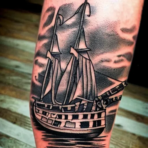 Traditional Tattoo Design with Ship and Flowers