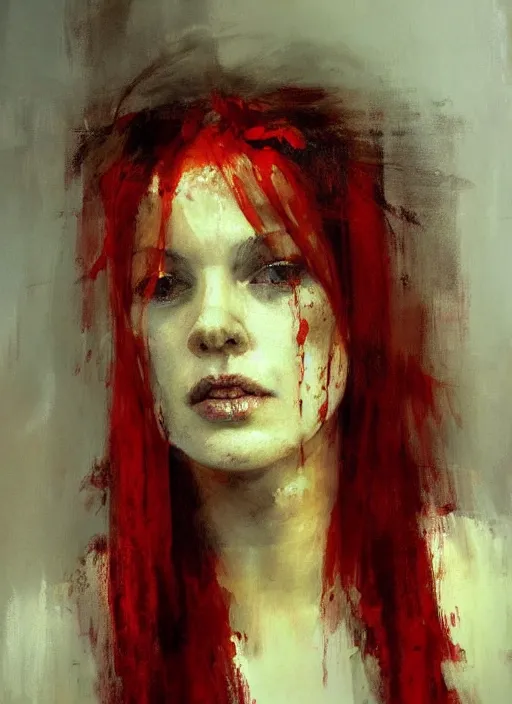 Image similar to portrait painting of beautiful red head ancient irish priestess, by jeremy mann, only one head single portrait