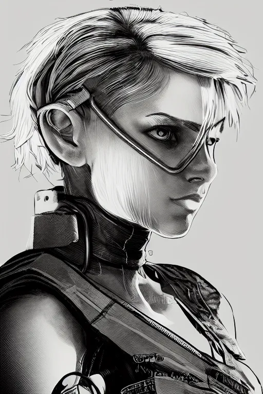 Prompt: portrait of an engineer girl with short white hair, wearing overalls, character from metal gear solid, medium shot, portrait, concept art, vector line art, natural lighting, illustration, highly detailed, artstation,