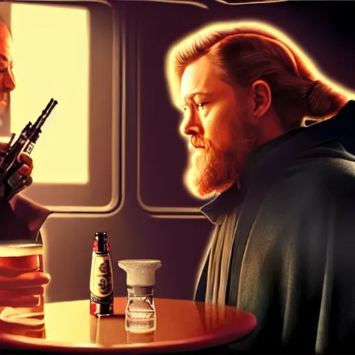 Image similar to star wars palpatine and obi wan drin beer in a sci - fi bar, movie still, screenshot, photorealistic painting, fanart, highly detailed