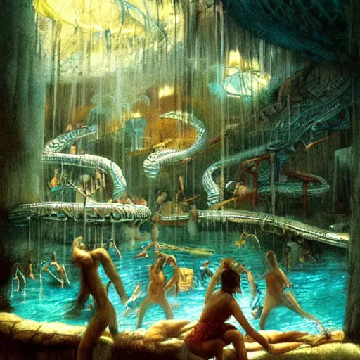 Prompt: waterpark in the human bloodstream painting by brain froud, charles vess, cinematic lighting, epic composition, highly detailed