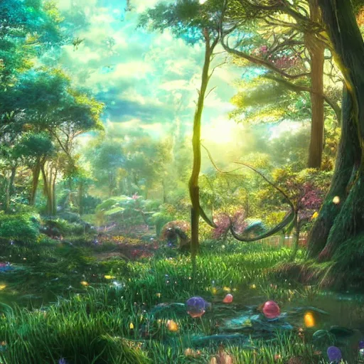 Image similar to the aesthetic view of the beautiful, grand, wistful, dreamy hidden forest at dusk, hyperrealistic anime illustration by iralki nadar, colorful, extremely detailed, intricate linework, super sharp focus, bright colors, octopath traveler, studio ghibli, unreal engine 5 highly rendered, global illumination, radiant light, detailed and intricate environment