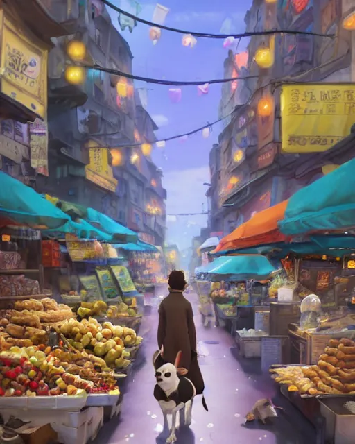 Image similar to a tiny dog walking through a crowded street filled with bodegas and food vendors, blue fur, a man is juggling avocados, Anime. Soft lighting, 8K, octane render. By Makoto Shinkai, Stanley Artgerm Lau, WLOP, Rossdraws, James Jean, Andrei Riabovitchev, Marc Simonetti, krenz cushart, Sakimichan, D&D trending on ArtStation, digital art.