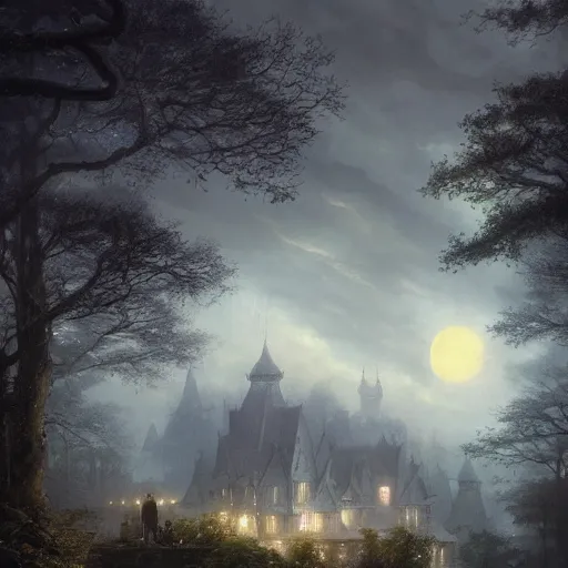 Prompt: a hidden village in the trees, victorian setting, dramatic light, castle background, clouds, moon, storm, night, high detail, fantasy background, painted by greg rutkowski, digital art, trending on artstation