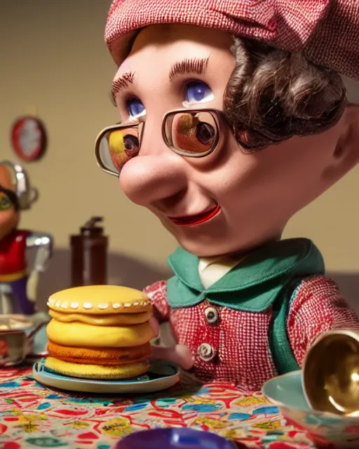 Image similar to highly detailed closeup, face profile portrait of a tin toy robert crumb in a retro 1 9 5 0 s kitchen eating cakes, depth of field, fashion photoshoot by nicoletta ceccoli, mark ryden, lostfish, dan decarlo, bob clampett, max fleischer, breathtaking, detailed and intricate environment, 8 k resolution, hyperrealistic, octane render