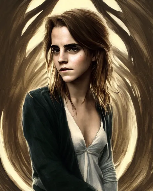 Image similar to clear portrait of emma watson, somber appearance, ripped clothing, looking her shoulder, wearing the ring of sauron, background hyper detailed, character concept, full body, dynamic pose, intricate, elegant, highly detailed, digital painting, artstation, concept art, smooth, sharp focus, illustration, art by artgerm and greg rutkowski and alphonse mucha