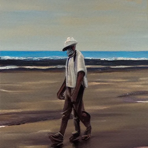 Image similar to a man in a hazmat walking on an abandoned beach, oil painting