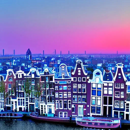 Prompt: amsterdam in the year 2 1 4 5. 4 k blue pink purple. haze misty sunset