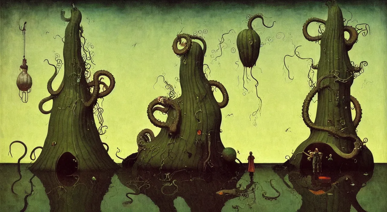 Prompt: single flooded simple!! tentacle gourd tower anatomy, very coherent and colorful high contrast masterpiece by norman rockwell franz sedlacek hieronymus bosch dean ellis simon stalenhag rene magritte gediminas pranckevicius, dark shadows, sunny day, hard lighting