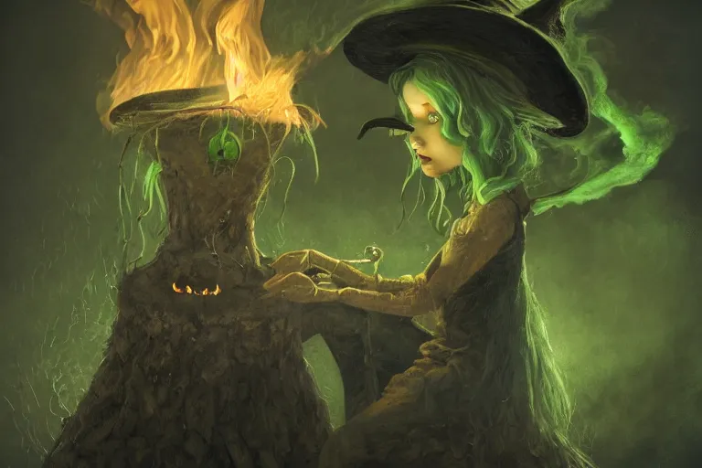 Image similar to close shot of a witch brewing in her lair, depressing, gloomy, tired, detailed, witch hat, dungeon, green smoke, fire, smoke, realism, realistic, hyper detailed, green lighting, ambient lighting, smoke, haze, bokeh, acrylic, digital painting,