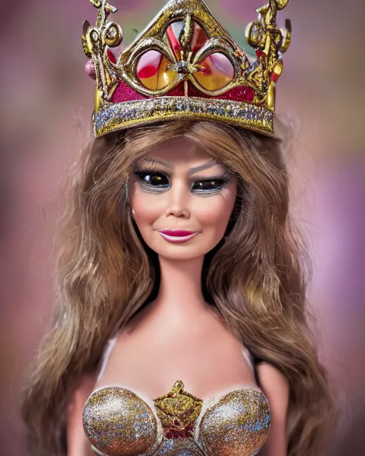 Image similar to highly detailed closeup, face profile portrait of a tin toy melania trump as a fairytale princess wearing a crown and eating cakes, bikini, depth of field, nicoletta ceccoli, mark ryden, lostfish, dan decarlo, bob clampett, max fleischer, breathtaking, detailed and intricate environment, 8 k resolution, hyperrealistic, octane render
