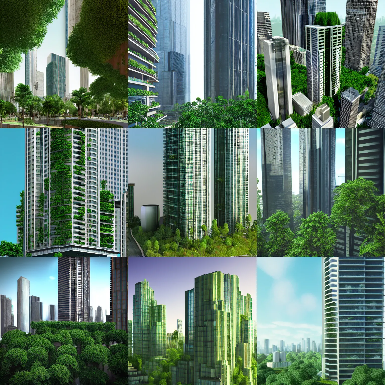 Prompt: skyscrapers with greenery, redshift render