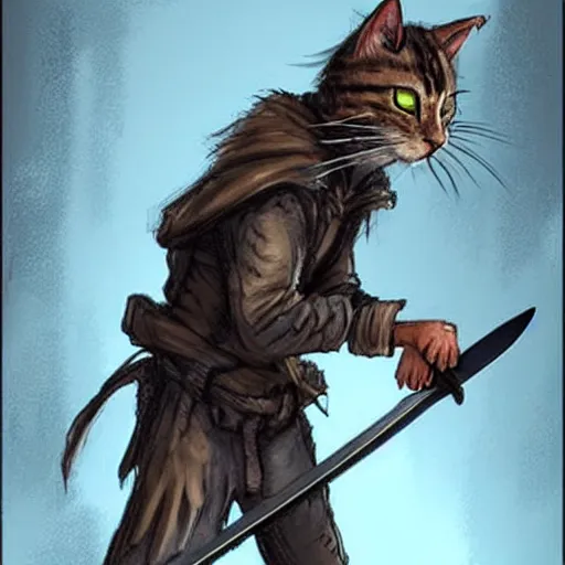 Prompt: humanoid homeless cat wearing rags and holding a sword, concept art, d & d, fantasy