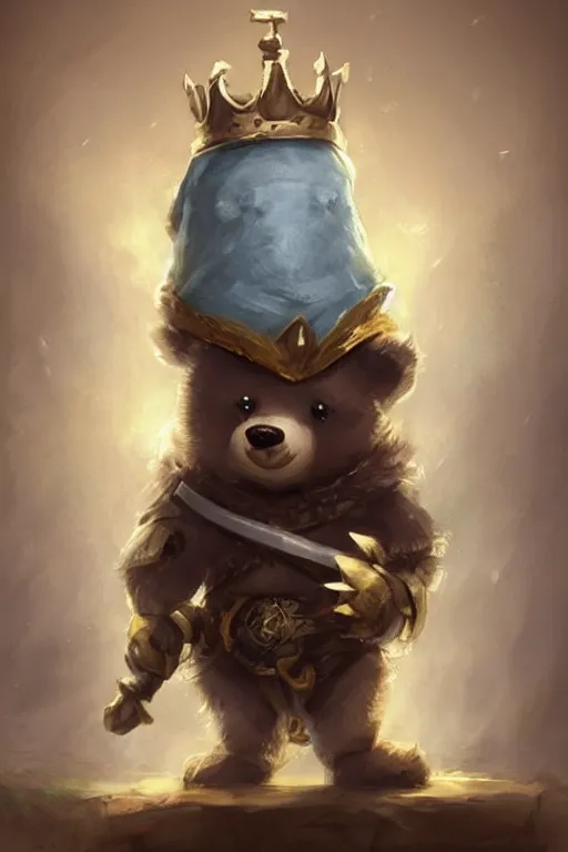 Image similar to cute little anthropomorphic bear knight wearing a cape and a crown, tiny, small, miniature bear, baby animal, short, pale blue armor, cute and adorable, pretty, beautiful, DnD character art portrait, matte fantasy painting, DeviantArt Artstation, by Jason Felix by Steve Argyle by Tyler Jacobson by Peter Mohrbacher, cinematic lighting