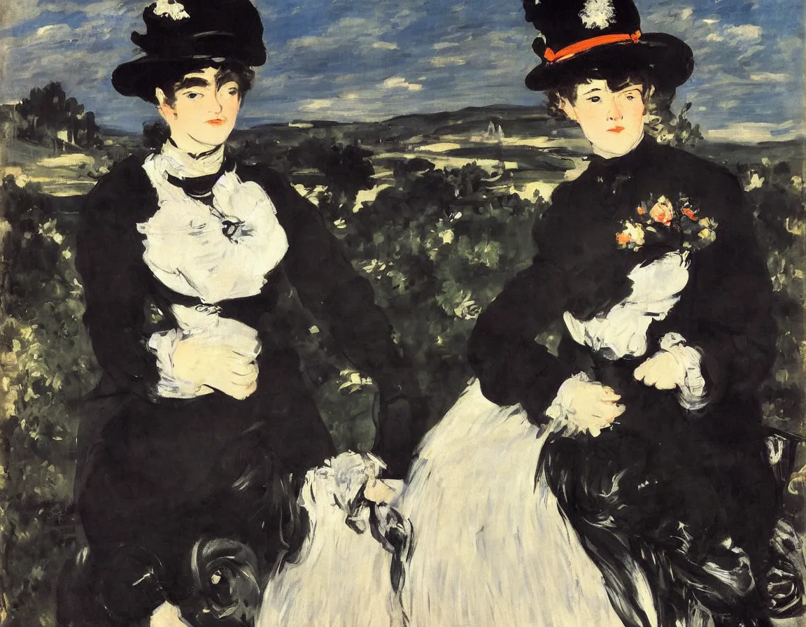 Image similar to edouard manet. a wide portrait of a marie from the side all dressed in black on a motorcycle on a highway looking over her shoulder towards us. blue sky. there is another motorcycle blurred in the background. precise thin brush strokes. expressive. emotional. modern.